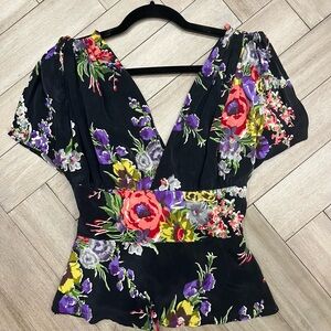Trashy Diva Black Silk Floral V-Neck Blouse